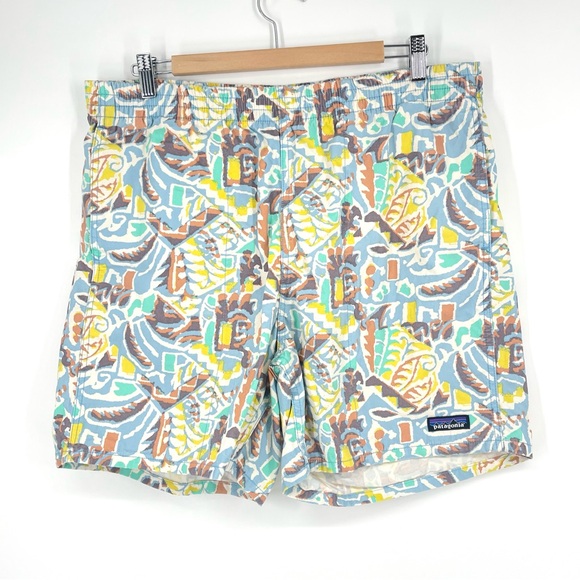 Patagonia‎ Men's Athletic Shorts - Blue, Yellow, Brown Pattern - Picture 1 of 4